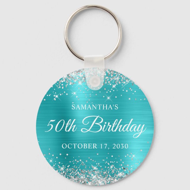 Silver Glitter Turquoise Blue Foil 50th Birthday Key Ring (Front)