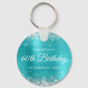 Silver Glitter Turquoise Blue Foil 60th Birthday Key Ring