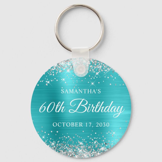 Silver Glitter Turquoise Blue Foil 60th Birthday Key Ring (Front)