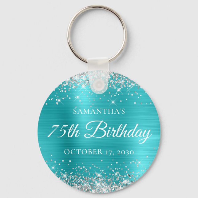 Silver Glitter Turquoise Blue Foil 75th Birthday Key Ring (Front)