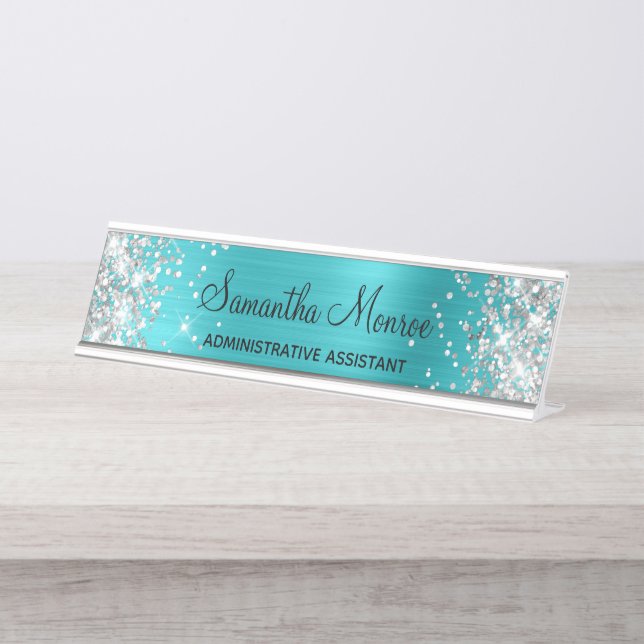 Silver Glitter Turquoise Blue Foil Desk Name Plate (Front)