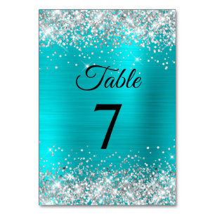 Silver Glitter Turquoise Blue Foil Elegant Table Number