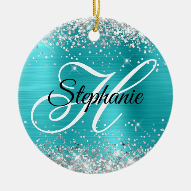 Silver Glitter Turquoise Blue Foil Fancy Monogram Ceramic Tree Decoration (Front)