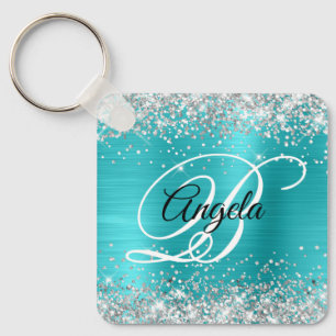 Silver Glitter Turquoise Blue Foil Fancy Monogram Key Ring