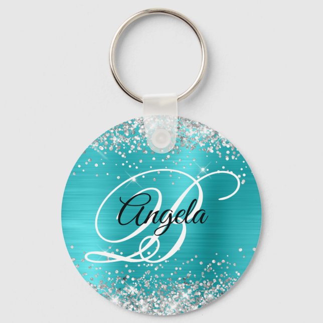 Silver Glitter Turquoise Blue Foil Fancy Monogram Key Ring (Front)