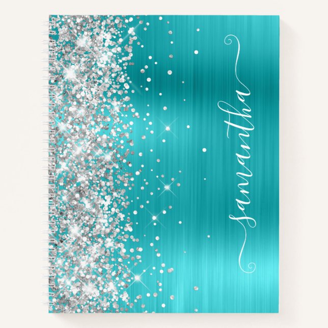 Silver Glitter Turquoise Blue Foil Girly Signature Notebook (Front)