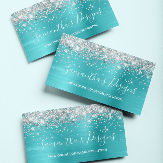 Silver Glitter Turquoise Blue Foil Online Store Business Card (Glittery Art Business Cards)