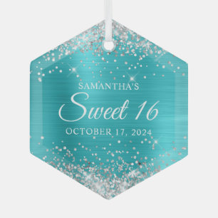 Silver Glitter Turquoise Blue Foil Sweet 16 Glass Tree Decoration