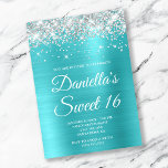 Silver Glitter Turquoise Blue Foil Sweet 16 Invitation<br><div class="desc">Create your own stylish 16th birthday celebration invitation for your daughter. Decorative faux sparkly light silver glitter graphics form a top border. The background digital art features a shiny aqua blue and turquoise ombre style brushed metal foil. Customise the invitation white text colour or font styles. The "Sweet 16" text...</div>