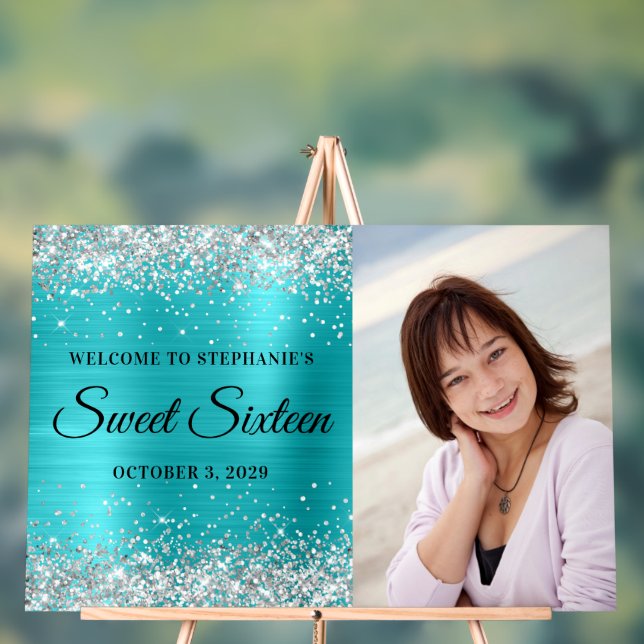 Silver Glitter Turquoise Blue Foil Sweet Sixteen Acrylic Sign (Neutral)