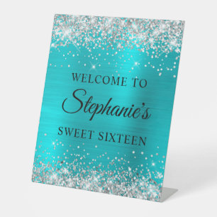 Silver Glitter Turquoise Blue Foil Sweet Sixteen Pedestal Sign