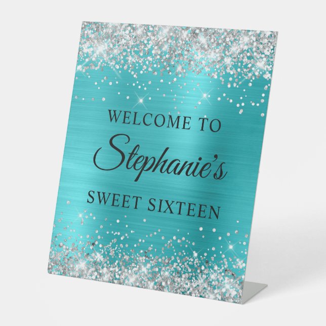 Silver Glitter Turquoise Blue Foil Sweet Sixteen Pedestal Sign (Front)