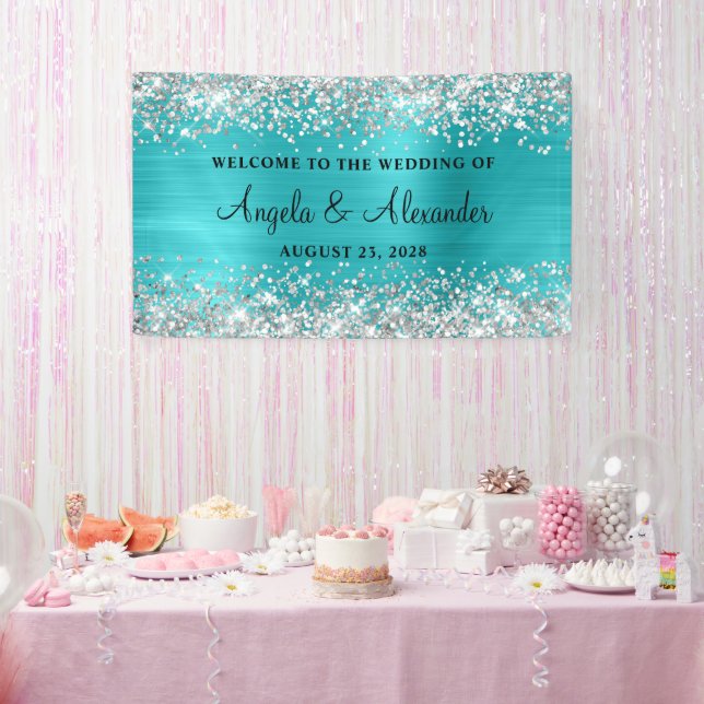 Silver Glitter Turquoise Blue Foil Wedding Welcome Banner (Party)