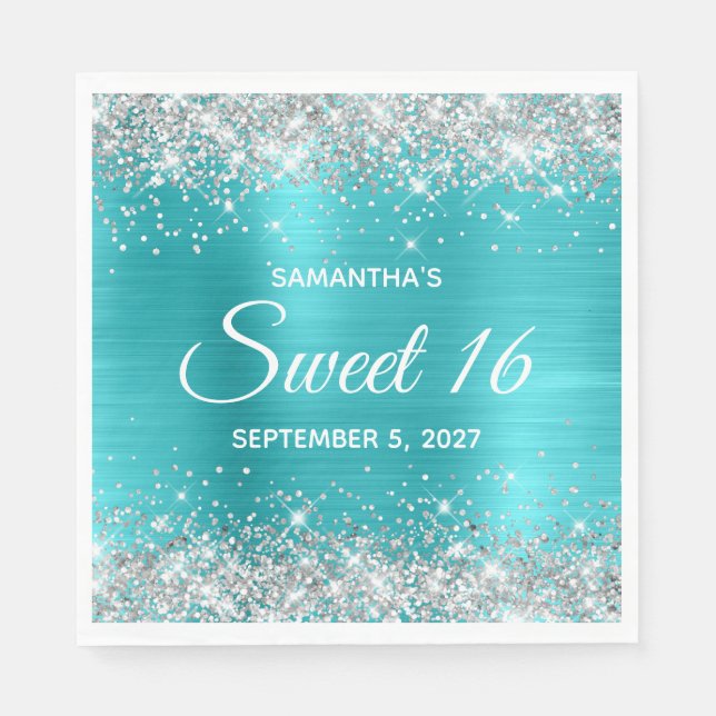 Silver Glitter Turquoise Blue Ombre Foil Sweet 16 Napkin (Front)