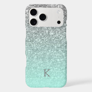 Silver glitter turquoise blue ombre monogram