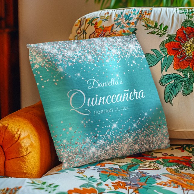 Silver Glitter Turquoise Blue Quinceañera Cushion (Silver Glitter Turquoise Blue Quinceañera Throw Pillow)