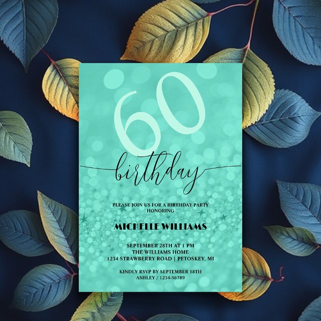 Silver Glitter Turquoise Calligraphy Birthday Invitation (Creator Uploaded)