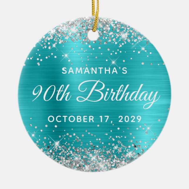 Silver Glitter Turquoise Foil 90th Birthday Ceramic Tree Decoration (Front)
