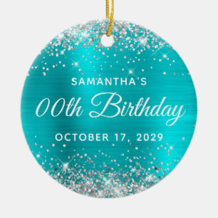 Silver Glitter Turquoise Foil Any Year Birthday Ceramic Tree Decoration