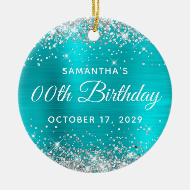Silver Glitter Turquoise Foil Any Year Birthday Ceramic Tree Decoration (Front)