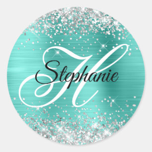 Silver Glitter Turquoise Foil Fancy Monogram Classic Round Sticker