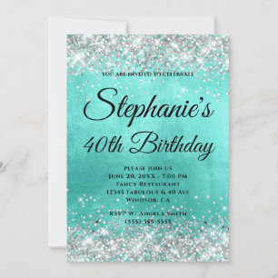 Silver Glitter Turquoise Foil Fancy Monogram Invitation
