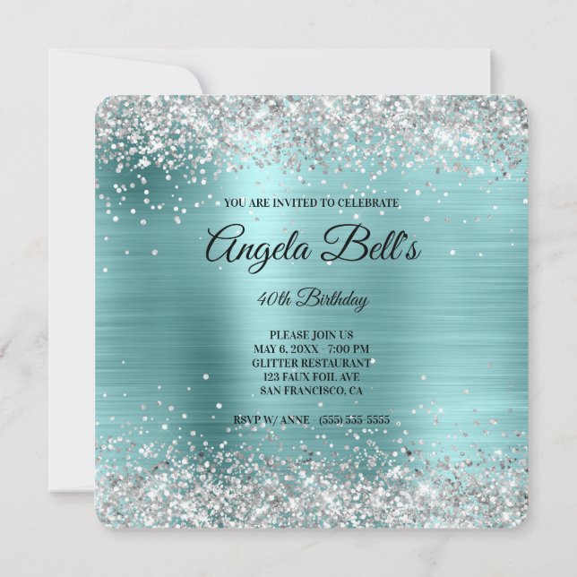 Silver Glitter Turquoise Foil Fancy Monogram Invitation (Back)