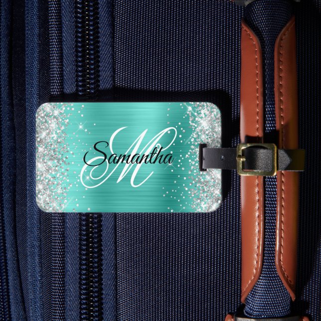 Silver Glitter Turquoise Foil Fancy Monogram Luggage Tag (Front Insitu 4)