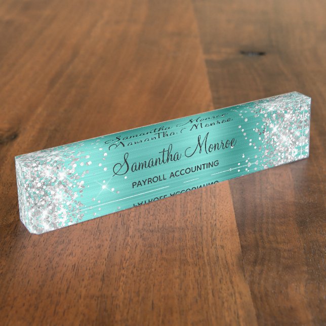 Silver Glitter Turquoise Foil Nameplate (Side)