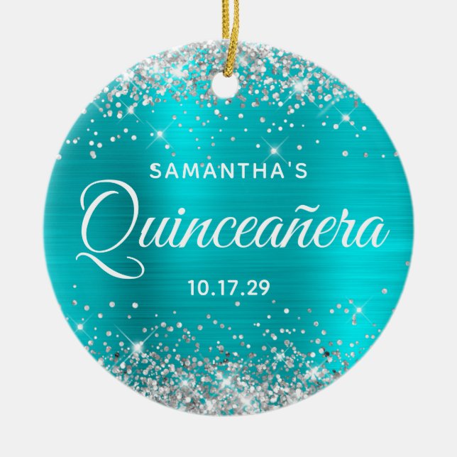 Silver Glitter Turquoise Foil Quinceañera Ceramic Tree Decoration (Front)