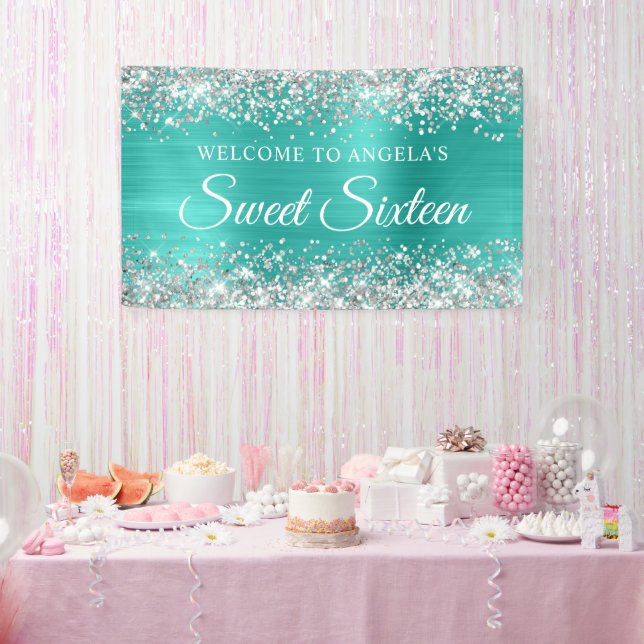 Silver Glitter Turquoise Foil Sweet Sixteen Banner (Party)
