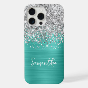Silver Glitter Turquoise Glam Name iPhone 15 Pro Max Case