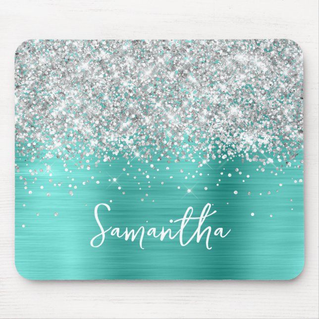 Silver Glitter Turquoise Glam Name Mouse Pad (Front)