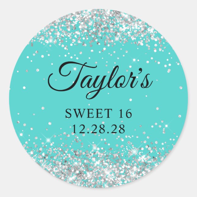 Silver Glitter Turquoise Sweet 16 Classic Round Sticker (Front)