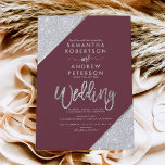 Silver glitter typography burgundy wedding invitation<br><div class="desc">Silver glitter colour block typography on customisable red burgundy and faux silver geometric stripes chic wedding ,  perfect for elegant,  luxurious wedding, </div>