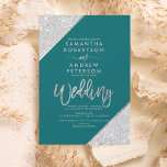 Silver glitter typography teal green wedding invitation<br><div class="desc">Silver glitter colour block typography on customisable teal green and faux silver geometric stripes chic wedding ,  perfect for elegant,  luxurious wedding, </div>