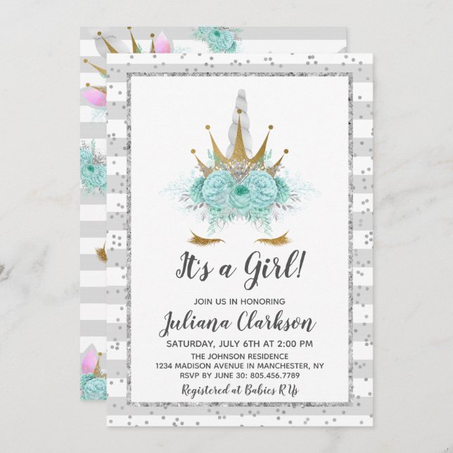 Silver Glitter Unicorn Princess Baby Shower Invitation (Front/Back)