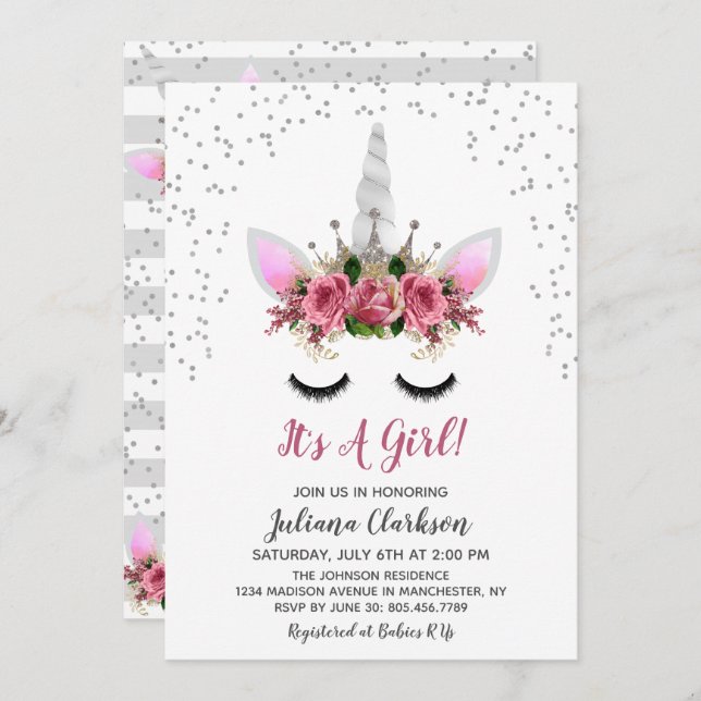 Silver Glitter Unicorn Princess Baby Shower Invitation (Front/Back)