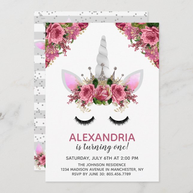 Silver Glitter Unicorn Princess Birthday Invitation (Front/Back)