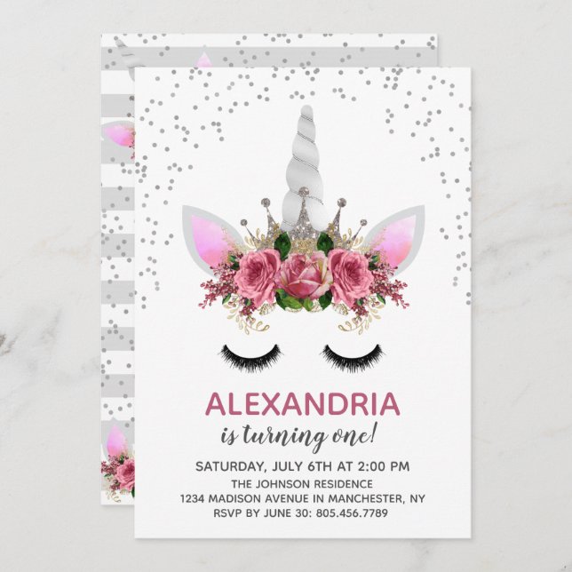 Silver Glitter Unicorn Princess Birthday Invitation (Front/Back)