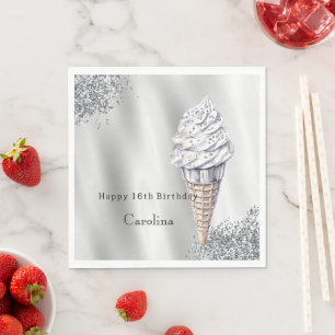 Silver Glitter Vanilla Ice Cream Cone Birthday Napkin