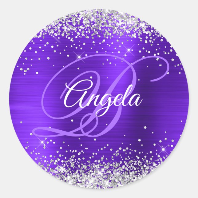 Silver Glitter Violet Fancy Monogram Classic Round Sticker (Front)