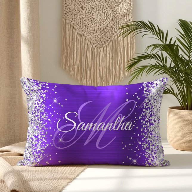 Silver Glitter Violet Indigo Foil Fancy Monogram Lumbar Cushion (Silver Glitter Violet Indigo Foil Fancy Monogram Lumbar Pillow)