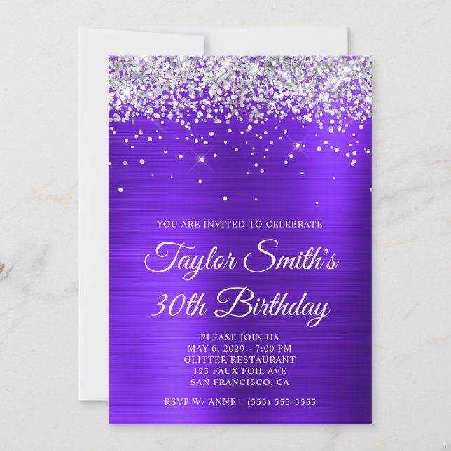 Silver Glitter Violet Purple 30th Birthday Invitation (Front)