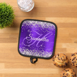 Silver Glitter Violet Purple Fancy Monogrammed Pot Holder