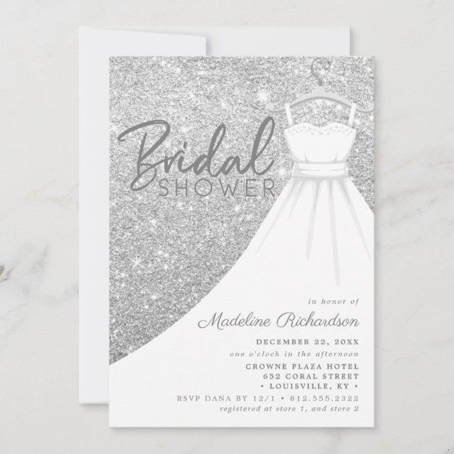 Silver Glitter Wedding Dress Chic Bridal Shower Invitation (Front)
