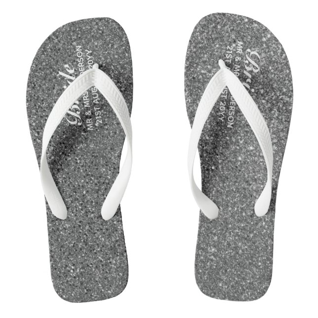 SILVER Glitter Wedding Flipflops BRIDE, Beach (Footbed)