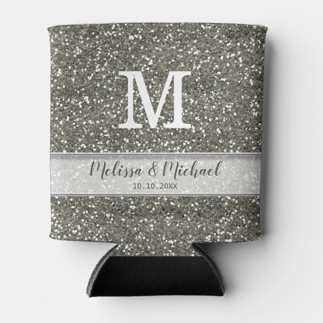 Silver Glitter Wedding Monogram Can Cooler (Front)