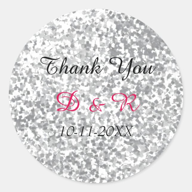 Silver Glitter Wedding Personalised Classic Round Sticker (Front)