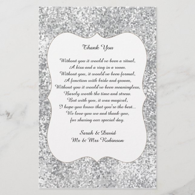 Silver Glitter Wedding Poem Thank You Favour Scrol (Front)